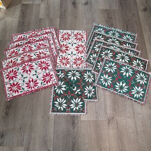 Vintage Poinsettia & Holly Woven Reversible Christmas Placemats Table Runner